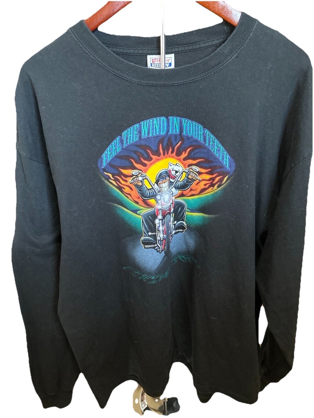 Biker Dog Flame Graphic Long Sleeve Tee Black XL Motorcycle USA Style